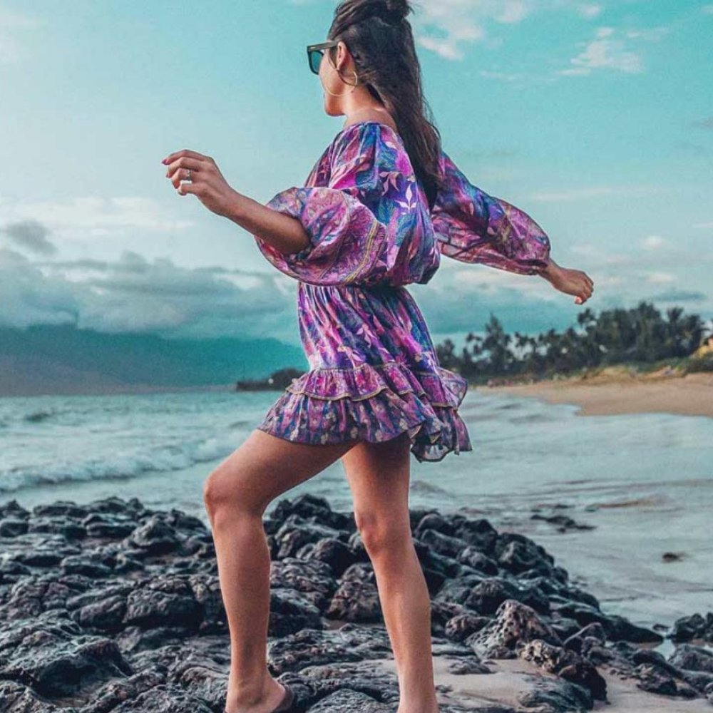 Bohemian Gypsy Purple Floral Print Mini Ruffle dress - Picture 8 of 16